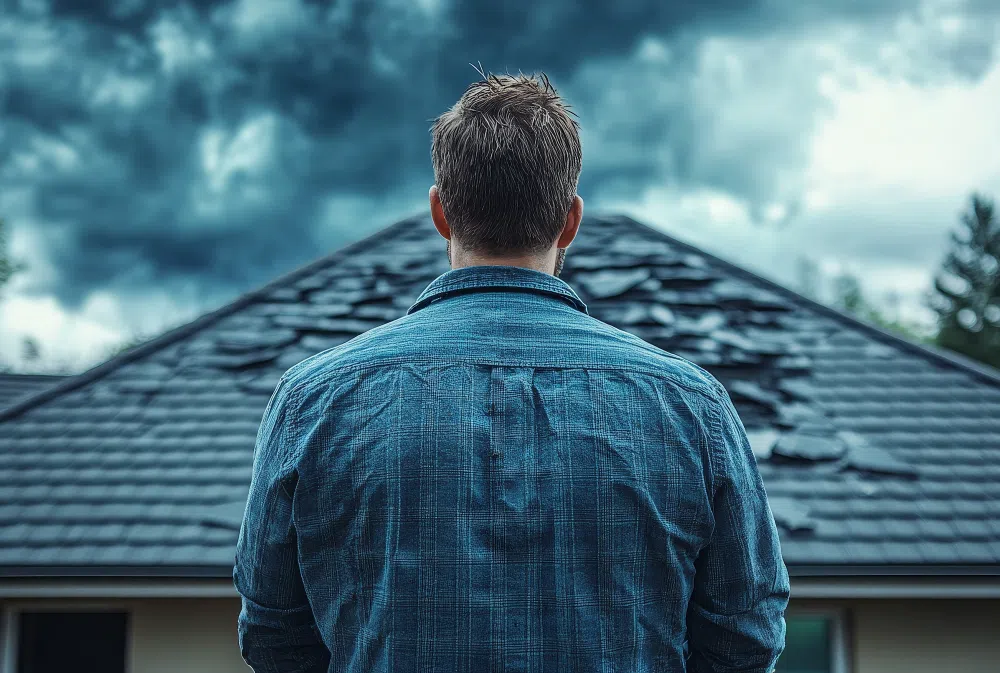 homeowner-looking-at-damaged-roof-wide